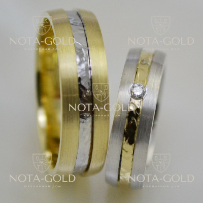 Оригинальные обручальные кольца с необычной центральной поверхностью в виде мятой фольги на заказ (Вес пары: 10 гр.)