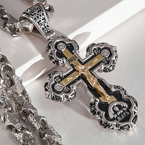 Тяжёлый мужской крест из жёлто-белого золота с бриллиантами и эмалью на цепочке Краб Большой (Вес: 129 гр.)