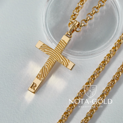 Нательный крест с отпечатком пальца из жёлтого золота на цепочке плетение французское (Вес: 46 гр.)