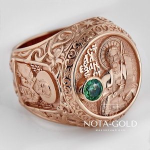  Мужская печатка из красного золота с изумрудом с ликом Святого князя Александра Невского (Вес 39 гр.) 