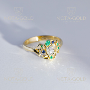 Женское золотое кольцо цветок с крупным бриллиантом, сапфирами и изумрудами (Вес 4,5 гр.)