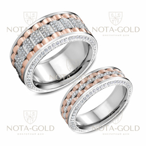 Широкие обручальные кольца цепочки из белого и красного золота с дорожками бриллиантов (Вес пары: 19 гр.)