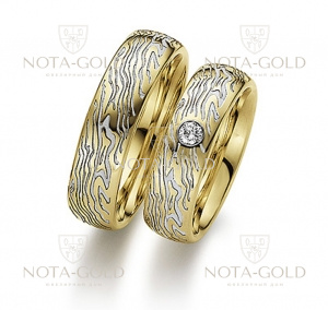Обручальные кольца с орнаментом и бриллиантом на заказ i885 (Вес пары: 13 гр.)