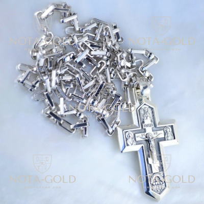 Серебряный крест с ликами святых и гравировкой Спаси и сохрани на цепочке плетение Носорог (Вес: 34 гр.)