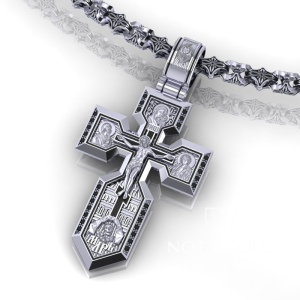 Большой клиновидный православный крест из серебра с чёрными бриллиантами и эмалью (Вес: 16 гр.)