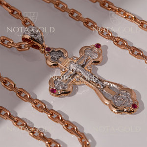 Эксклюзивный православный крест из золота с рубинами и бриллиантами на золотой цепочке плетения Якорь (Вес: 71 гр.)