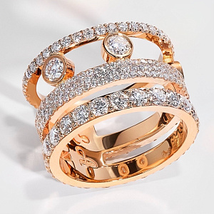 Широкое женское кольцо из красного золота с дорожками бриллиантов (Вес 11 гр.)