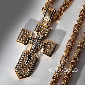 Большой клиновидный православный крест из золота с чёрными бриллиантами и эмалью (Вес: 23 гр.)