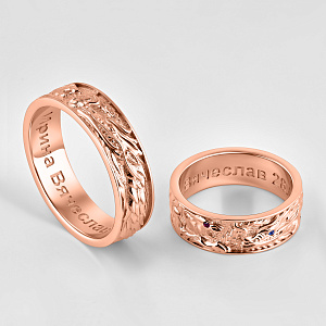 Обручальные кольца драконы из белого золота с сапфиром рубином и гравировкой (Вес пары: 18 гр.)