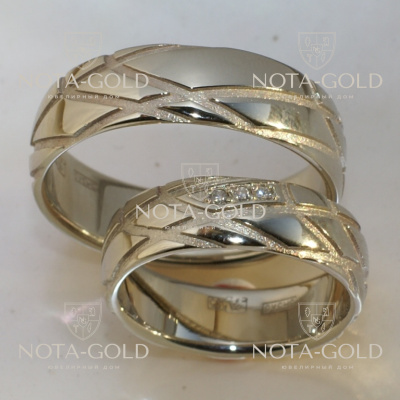Обручальные кольца с узором и бриллиантами на заказ i961 (Вес пары: 12 гр.)