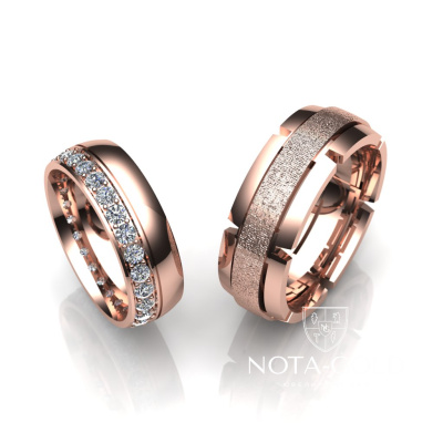 Эксклюзивные обручальные кольца с фактурной поверхностью и бриллиантами на заказ  (Вес пары: 13 гр.)
