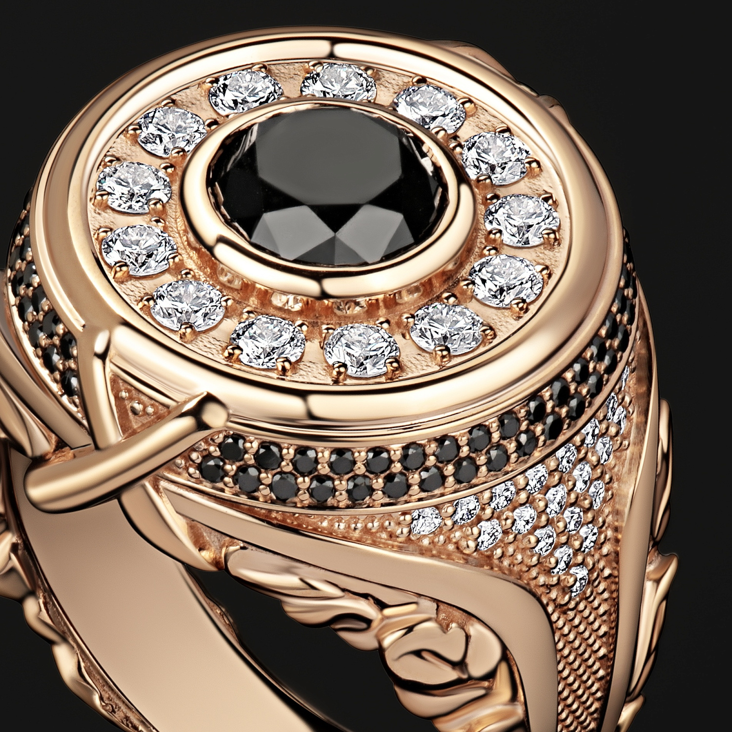 Мужская печатка из розового золота с черными бриллиантами