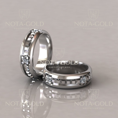 Обручальные кольца на заказ  с бриллиантами и рельефным геометрическим узором (Вес пары: 19 гр.)