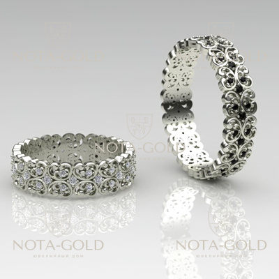 Парные винтажные обручальные кольца с сапфирами, белыми и чёрными бриллиантами (Вес пары: 10 гр.)