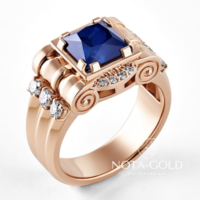 Мужской перстень с крупным сапфиром и бриллиантами (Вес: 24,1 гр.)