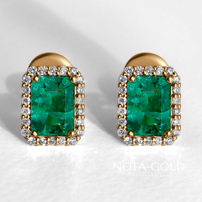 Серьги пусеты из желтого золота с крупными изумрудами и бриллиантами (Вес 4 гр.)