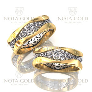 Двухцветные ажурные обручальные кольца из жёлто-белого золота (Вес: 16 гр.)