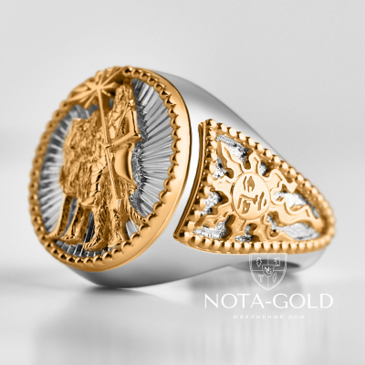 Мужская печатка всадник на волке из двух видов золота с гравировкой (Вес 19,4 гр.)