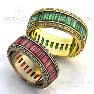 Обручальные кольца с цветными камнями на заказ (Вес пары: 9 гр.)