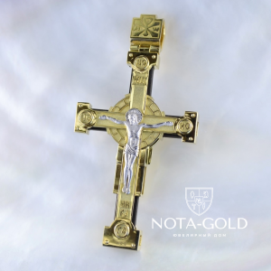 Нательный позолоченный крест из серебра с рубинами, распятием и образом Архангела Михаила (Вес 22 гр.)