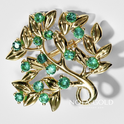 Брошь Дерево жизни из жёлтого золота с изумрудами (Вес: 8 гр.)