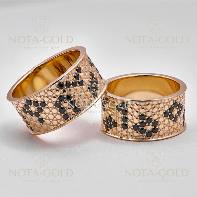 Обручальные кольца из золота с чёрными фианитами в виде леопардового принта (Вес: 29 гр.)