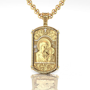 Жетон иконка из жёлтого золота с изображением иконы Казанской Божией Матери и молитвой на обороте (Вес: 17 гр.)