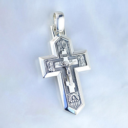 Серебряный крест с распятием, ликами святых и гравировкой Спаси и сохрани (Вес: 10 гр.)