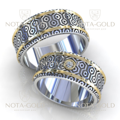 Обручальные кольца Генератор из бело-жёлтого золота с бриллиантом (Вес пары 16,3 гр.)
