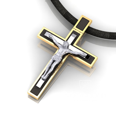 Нательный крест из жёлтого золота с распятием из белого золота и чёрным ониксом (Вес: 11 гр.)