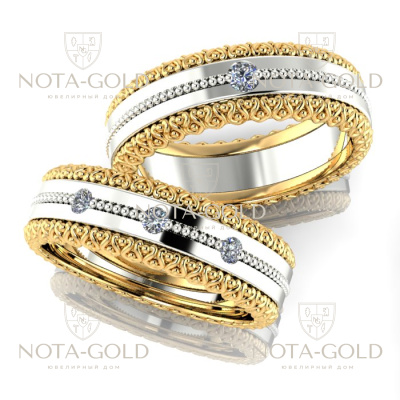Двухцветные обручальные кольца из золота с кружевами и бриллиантами (Вес пары:14 гр.)