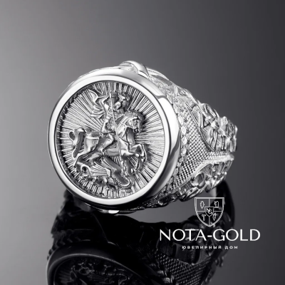 Платиновое мужское кольцо печатка Св. Георгий Победоносец с девизами (Вес 25,6 гр.)