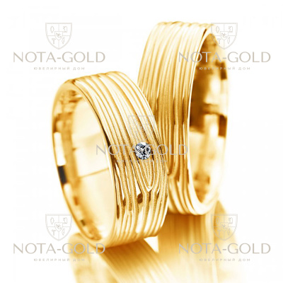 Обручальные кольца с узором дерева и бриллиантом на заказ (Вес пары: 16 гр.)