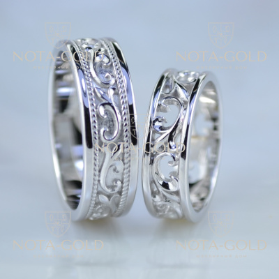 Свадебные кольца с рельефным узором и вензелями (Вес пары:13,5 гр.)