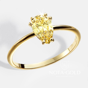 Женское кольцо с желтым лабораторным бриллиантом огранки Груша (Вес 1,1 гр.)