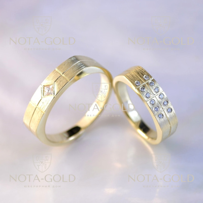 Эксклюзивные матовые обручальные кольца из жёлтого золота с бриллиантами (Вес пары 17,5 гр.)
