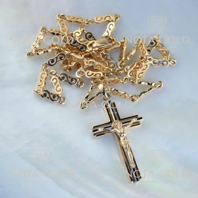 Именной золотой крест из двух видов золота на цепочке плетение Тайкан (Вес: 30 гр.)