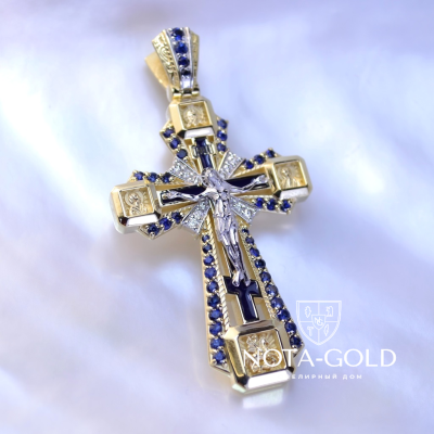 Серебряный крест с позолотой ручной работы с ликами святых и цветными фианитами (Вес 11 гр.) 
