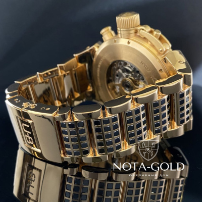 Браслет для часов из жёлтого золота 750 пробы с черными бриллиантами и гравировкой (Вес 156 гр.)