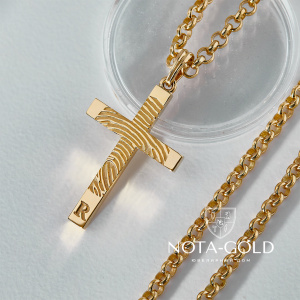 Нательный крест с отпечатком пальца из жёлтого золота на цепочке плетение французское (Вес: 46 гр.)