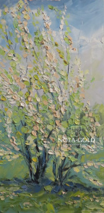 Картина маслом на холсте - Весна, цветущие деревья 30x59 см