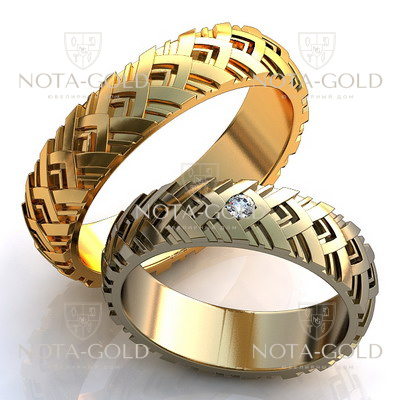 Обручальные кольца с орнаментом и бриллиантом на заказ i934 (Вес пары: 13 гр.)