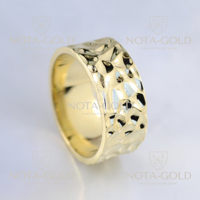Текстурное широкое золотое кольцо на заказ из жёлтого золота (Вес: 12,5 гр.)