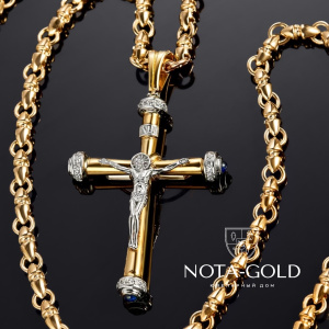 Большой крестик из красно-белого золота с бриллиантами и сапфирами кабошон (Вес: 12 гр.)