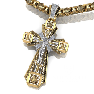 Серебряный крест с позолотой ручной работы с ликами святых, узором и бриллиантами (Вес 11 гр.)