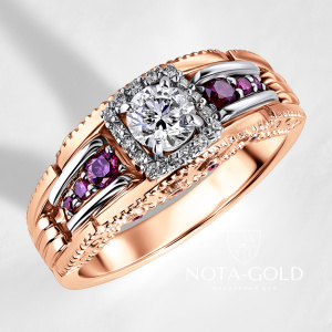 Женское кольцо из красного золота с фиолетовыми бриллиантами (Вес 6,6 гр.)