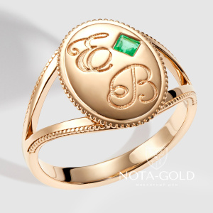 Кольцо печатка с инициалами из желтого золота с изумрудом (Вес 7,1 гр.)