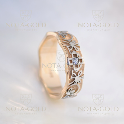 Православное кольцо из красно-белого золота с бриллиантом, крестом и цветами (Вес 5 гр.)