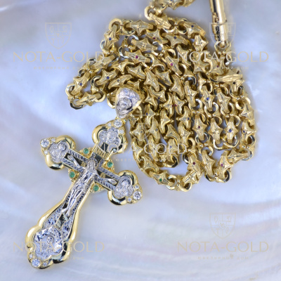 Золотой крестик с изумрудами и цепочкой Краб Средний с камнями (Вес: 118 гр.)