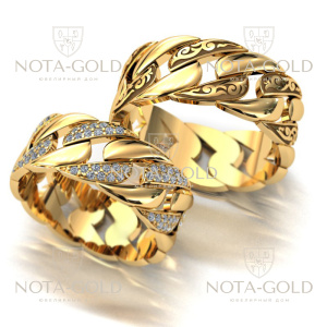 Обручальные кольца Константа из жёлтого золота с бриллиантами в женском кольце (Вес пары 14 гр.)